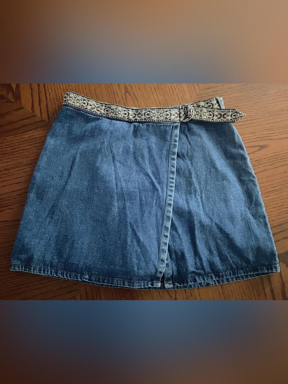 Classic Denim Mini Skort with Patterned Belt